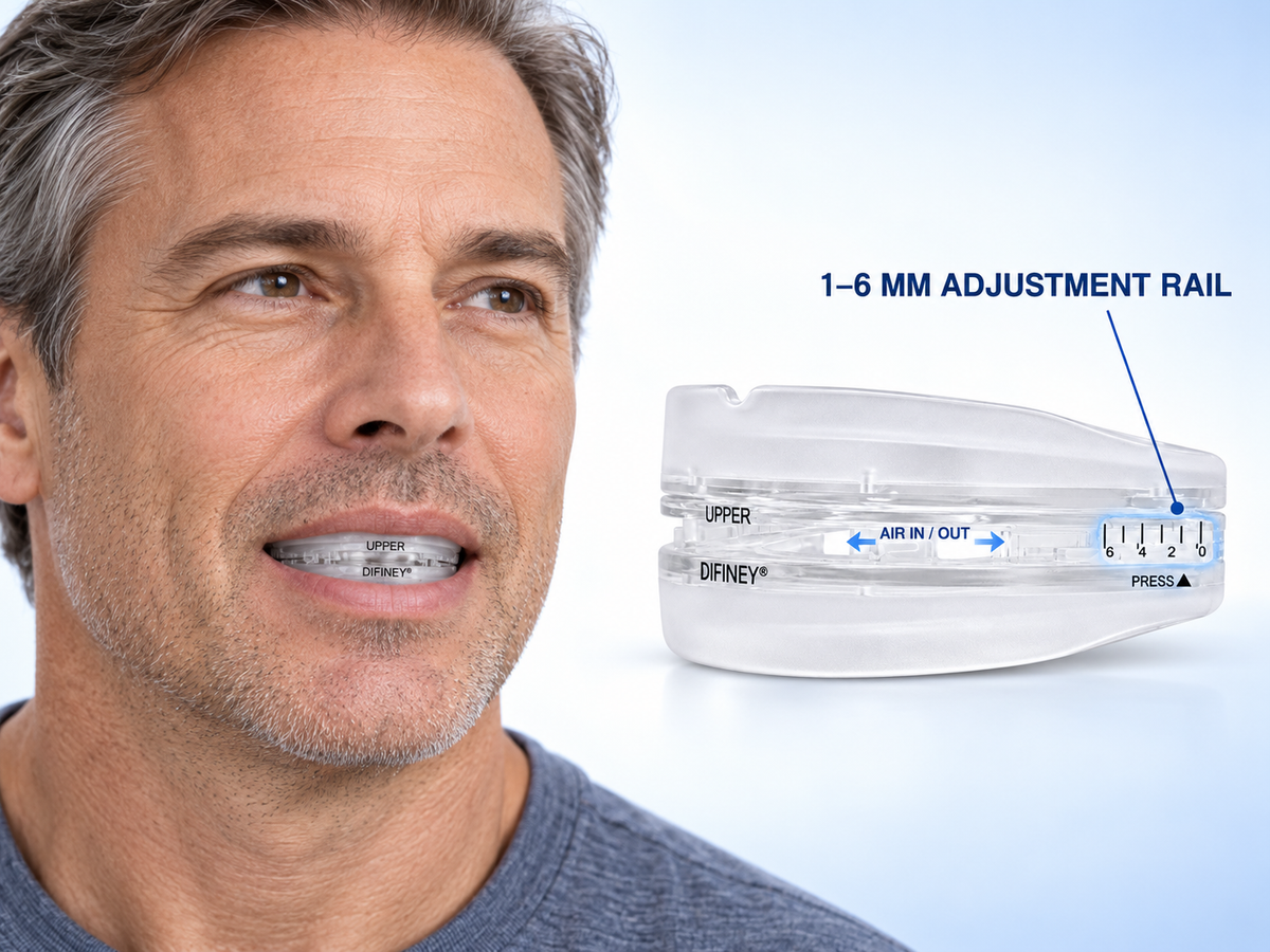 DIFINEY 4.0 worn in the mouth, with the 1 to 6 mm adjustment rail and open airflow called out