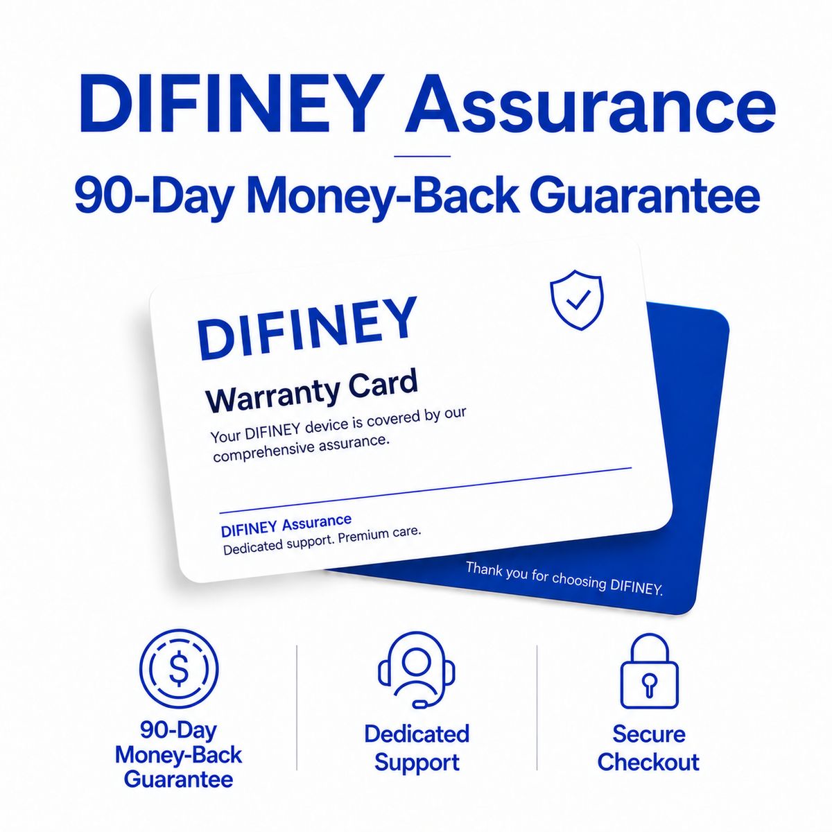 DIFINEY Assurance 90-day money-back guarantee warranty card with dedicated support and secure checkout