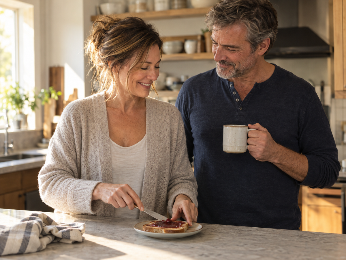 A couple sharing a calm morning together in their kitchen