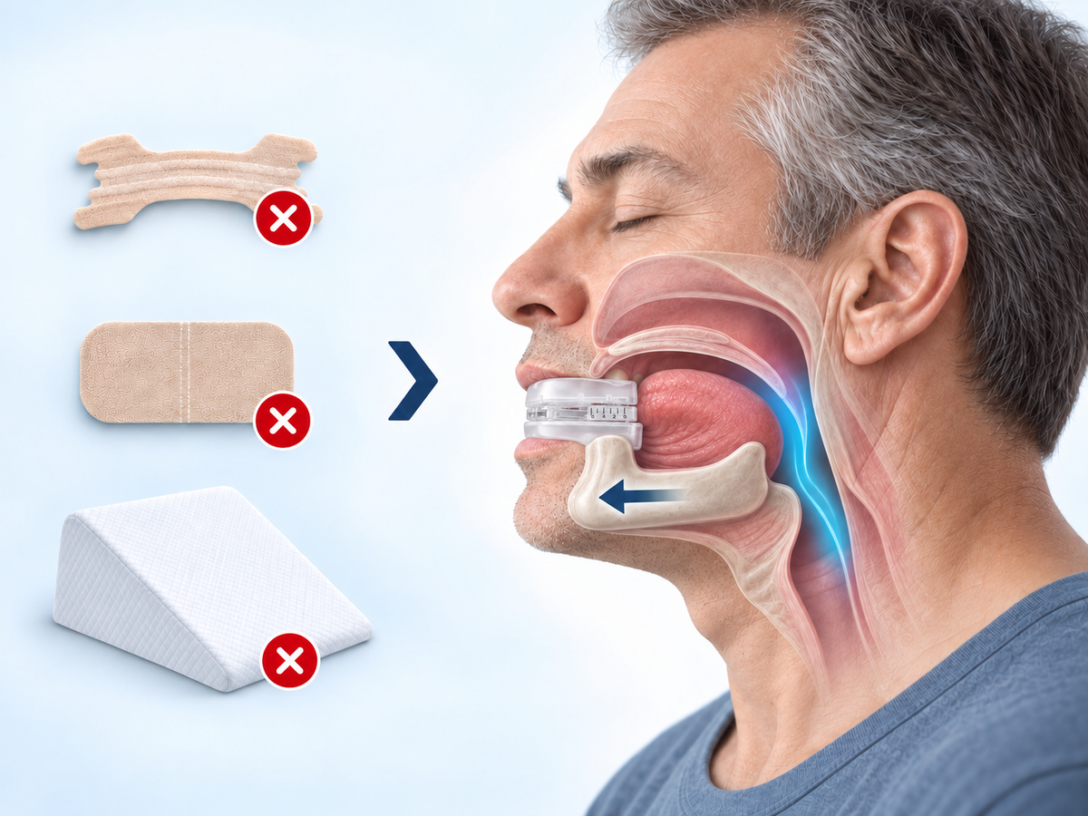 Nasal strips, tape and wedge pillows crossed out beside a diagram of the jaw held forward