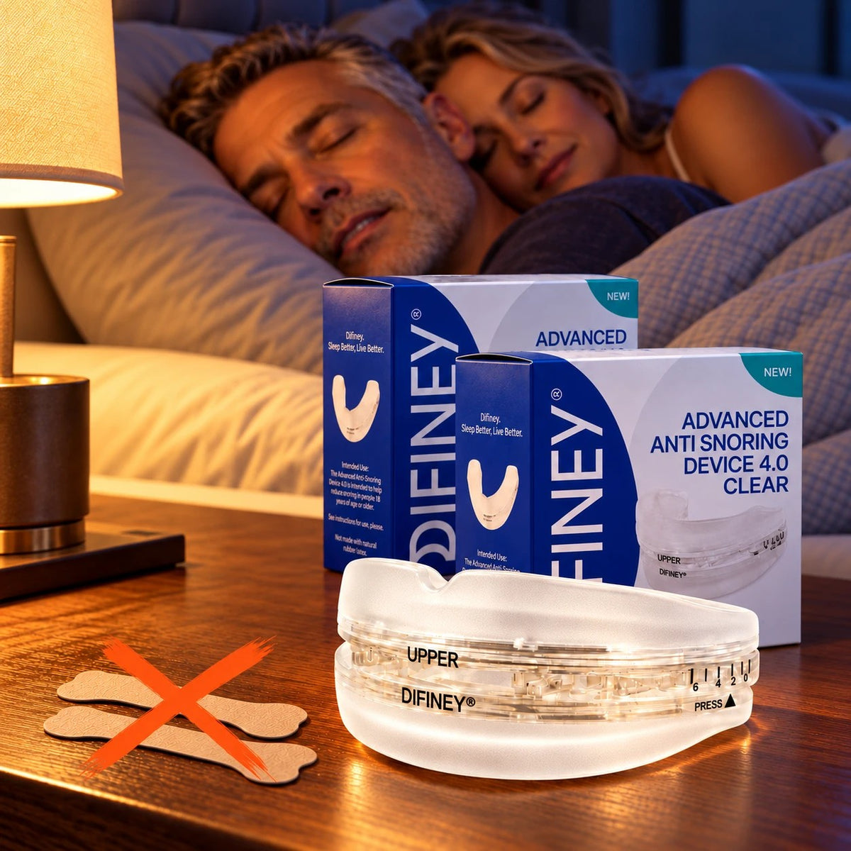Couple sleeping peacefully beside DIFINEY 4.0 anti-snoring mouthpiece and boxes on a nightstand